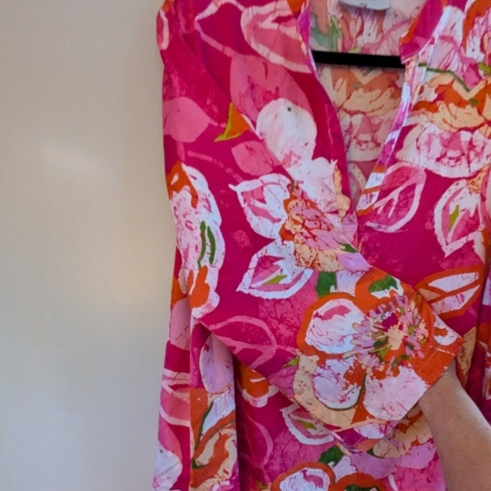 Natori Floral Boho Coastal Elegant V-Neck Blouse Pink Orange Watercolor Bloom - Picture 10 of 16